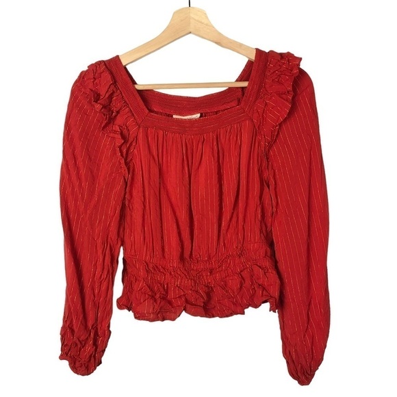 Universal Thread Red Balloon Sleeve Metallic Stripe Peplum Long Sleeve Blouse S - Picture 2 of 4